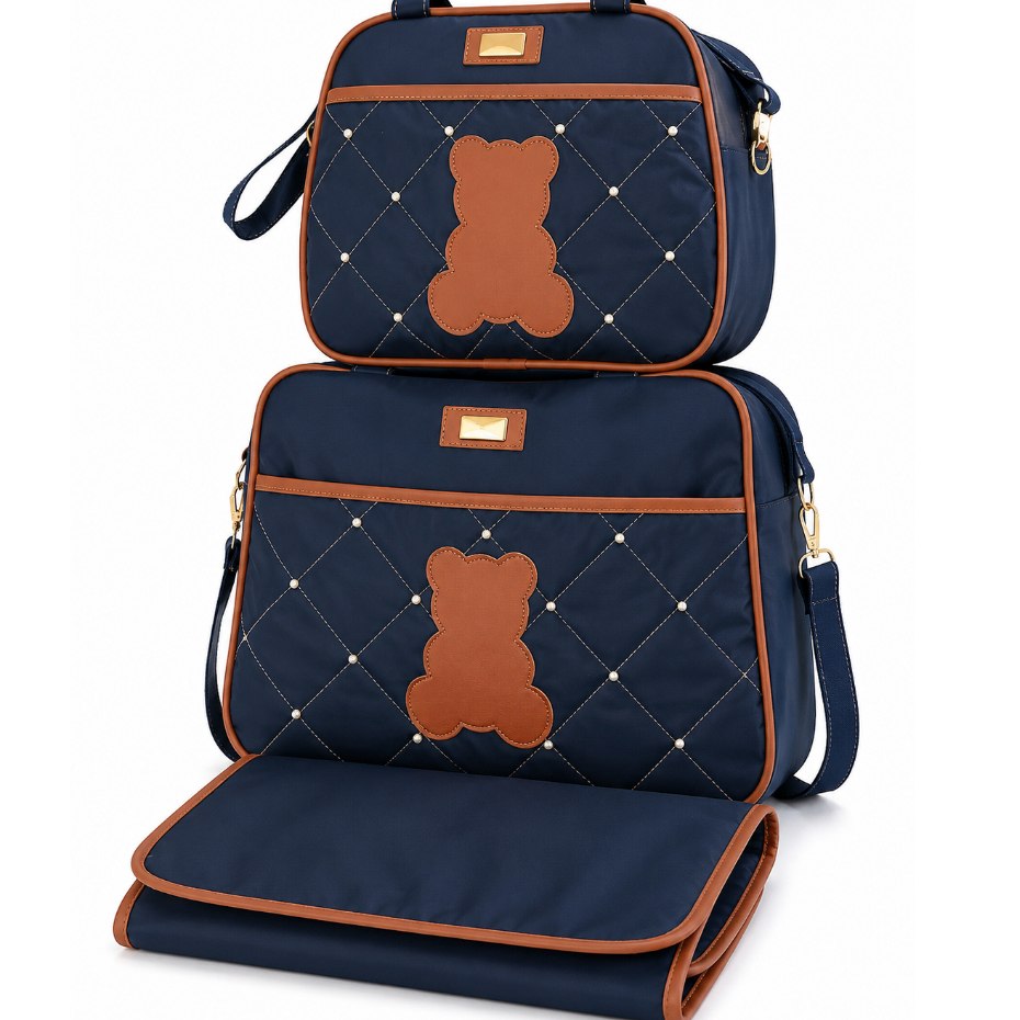 Bolsa Maternidade Menino e Menina Kit 3 Peças Trocador Conjunto Mamãe Bebê Bolsas Mala Saída Maternidade C/ Detalhe Urso