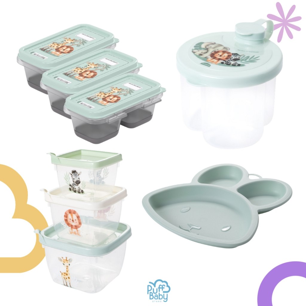 KIT 4 ITENS ALIMENTAÇÃO BEBE COM PORTA PAPINHA PRATINHO POTE DE LEITE EM PÓ E 3 POTINHOS