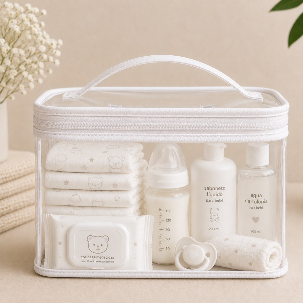 Kit 2 Nécessaire Transparente Organizador Bolsa Mala Saída Maternidade Troca e Fralda bebe