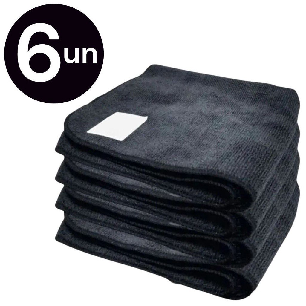 6 Panos Mágico Microfibra Automotivo Grande Preto 60x40cm Anti Risco Lava Seco Não Solta Fiapos