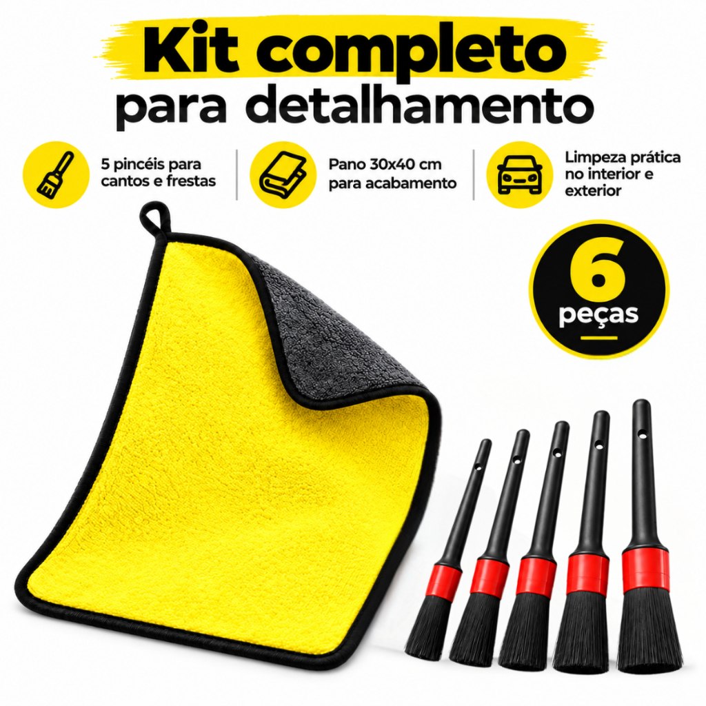 Kit Detalhamento Automotivo Pano Microfibra 30x40 + 5 Pincel Limpeza Automotiva