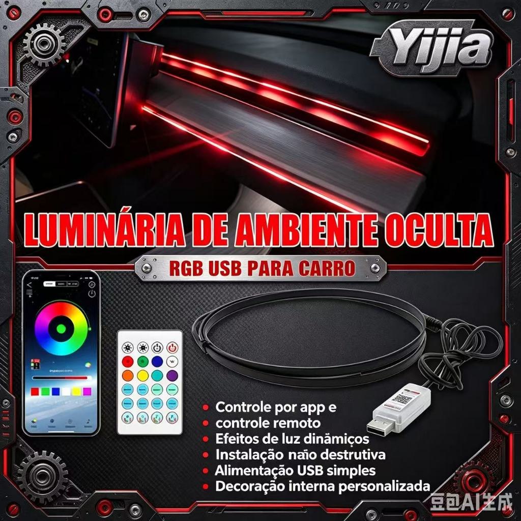 Fita LED Ambiente RGB para Carro - Alimentação USB: Controle por APP/Remoto, Sincronia com Música e Instalação Flexível!