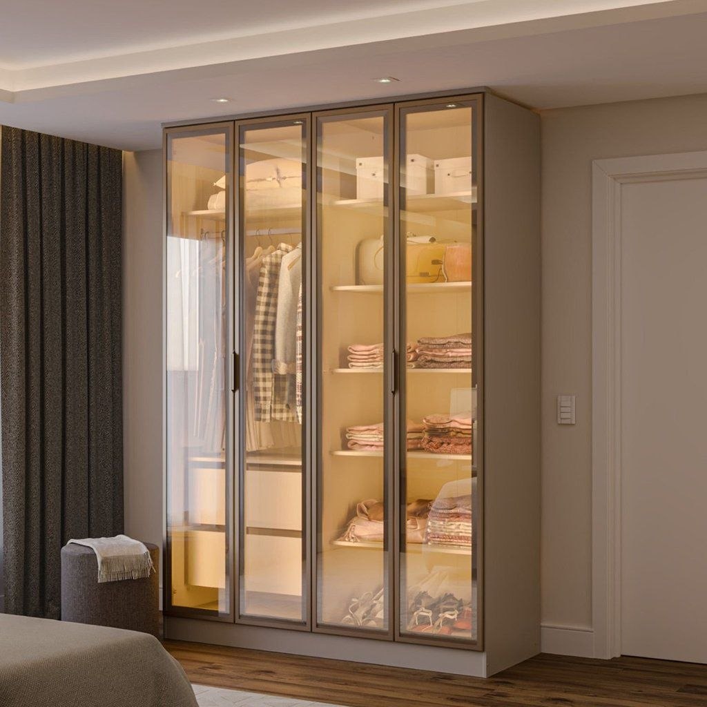 Guarda-roupa 4 Portas Reflecta com Led 100% Mdf Orion CabeCasa MadeiraOriginals Aveia
