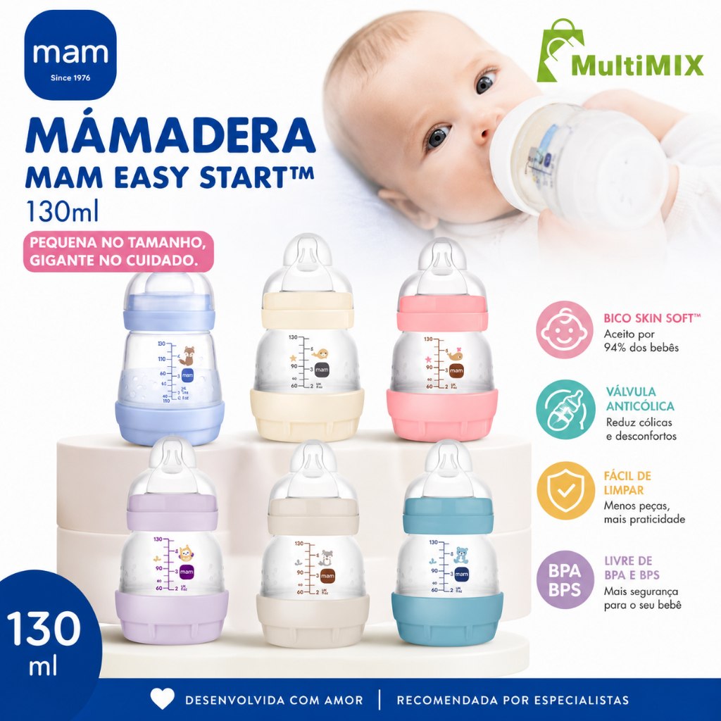 Mamadeira MAM Original Lacrada Easy Start 130ml AntiCólica Autoesterilizável Fluxo adaptável UNIDADE