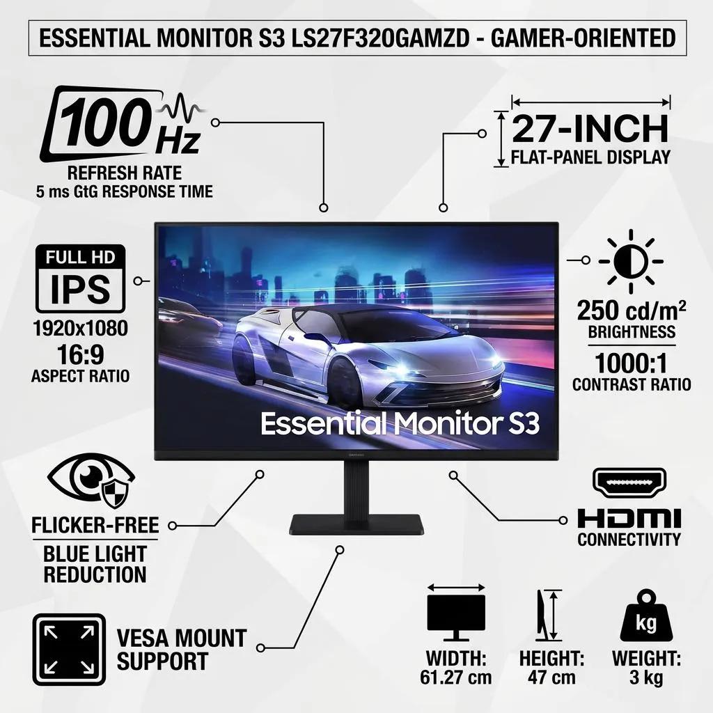 Monitor Gamer Samsung 27" FHD,120 Hz, HDMI, Preto, S3