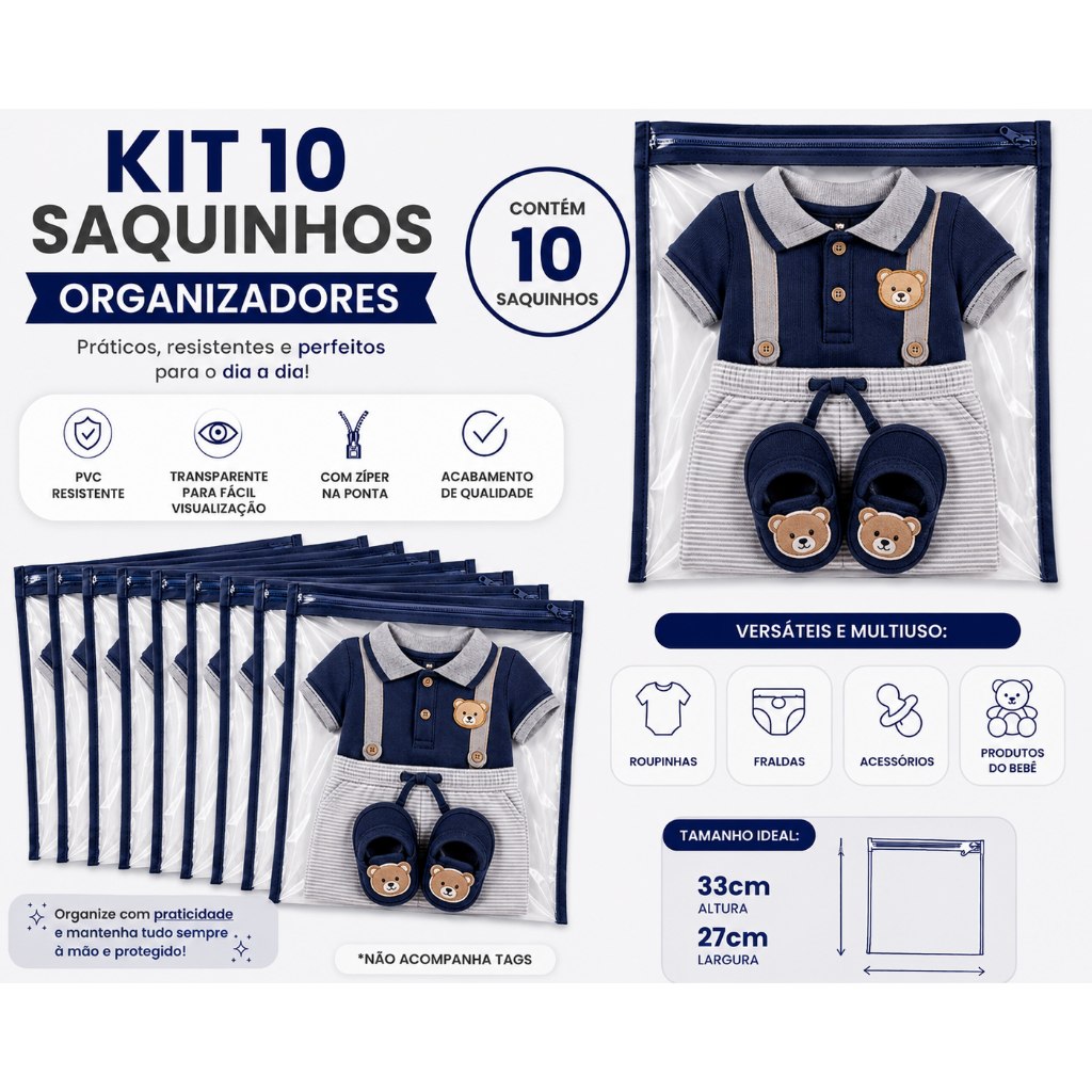 Kit 10 Saquinhos Maternidade Organizador  Mala Bebê 27x33 Cm MALA/VIAGEM/ROUPA SECA E MOLHADA/ LIMPA
