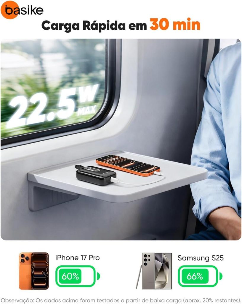 Basike Mini Power Bank, Carregador Portátil 10000mAh, Rápido 22,5W (Preto)