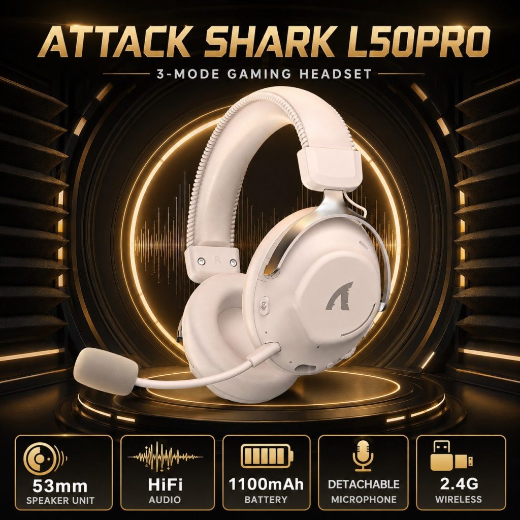 ATTACK SHARK L50PRO Headset Gamer Tri-Mode com Drivers de 53mm