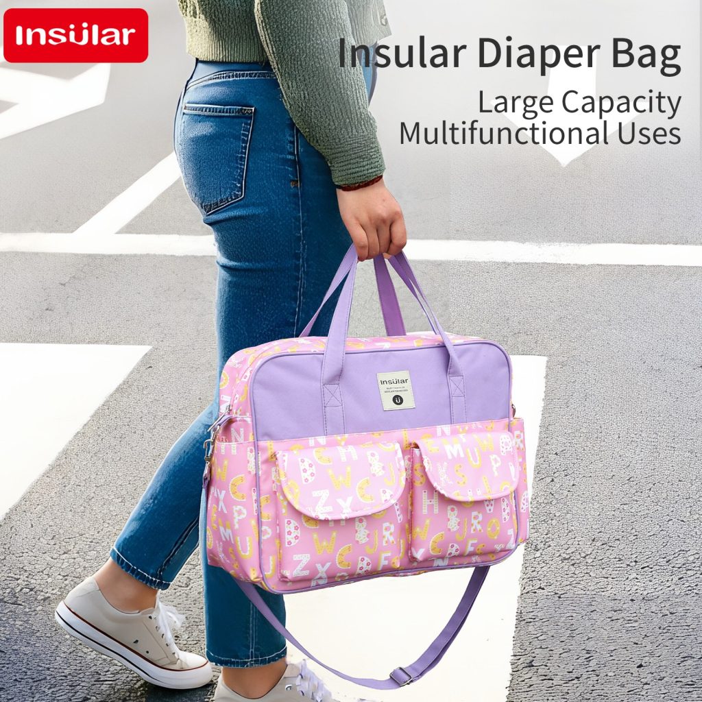 Bolsa de Fraldas Multifuncional Impermeável INSULAR, Bolsa de Maternidade Transversal de Ombro e de Mão, Bolsa Portátil para Viagem de Bebê para Mamães