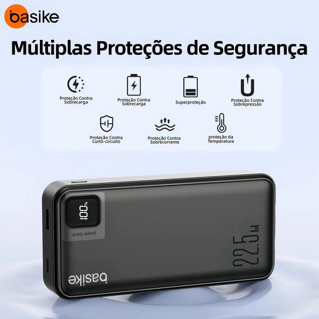 Power Bank Basike 20000mAh Preto, Carga Rápida 22.5W para iPhone e Samsung, Com Cabos Embutidos e Display
