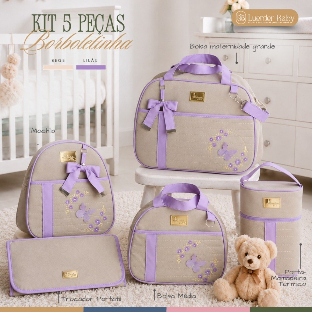 Kit Bolsa Maternidade 5 Peças Luxo Bebê Menina Borboleta Mala Enxoval Completa Luender Baby