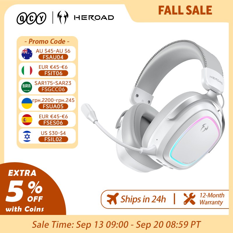 Fone QCY Headset Gamer Heroad GT2 THX Spatial Audio+ 7.1.4 RGB Tri-Mode 3 Microfones com ENC para PC PS4 PS5