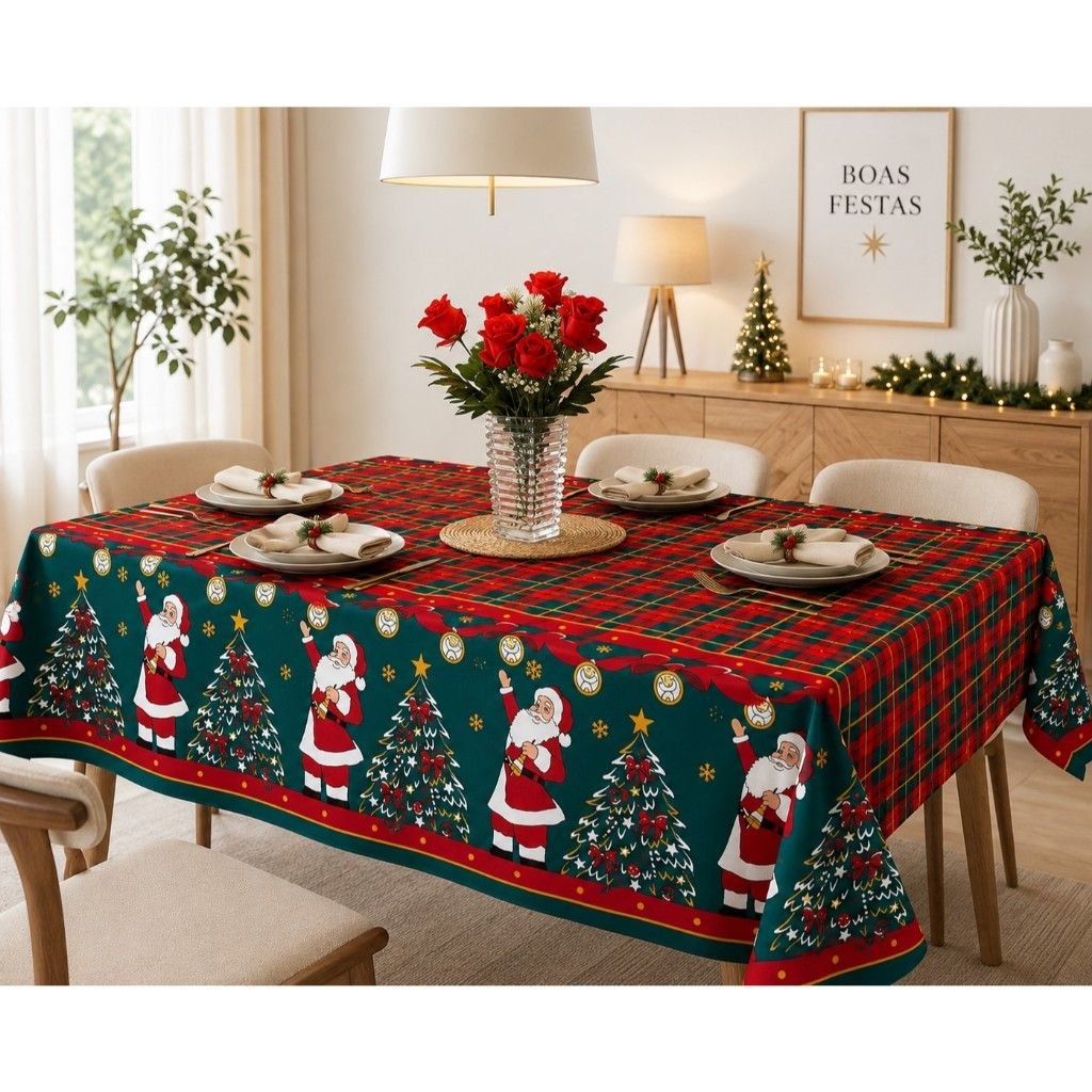 Toalha de Mesa Natalina 4, 6 e 8 Lugares Oxford Natal Estampada Papai Noel Vermelho Verde