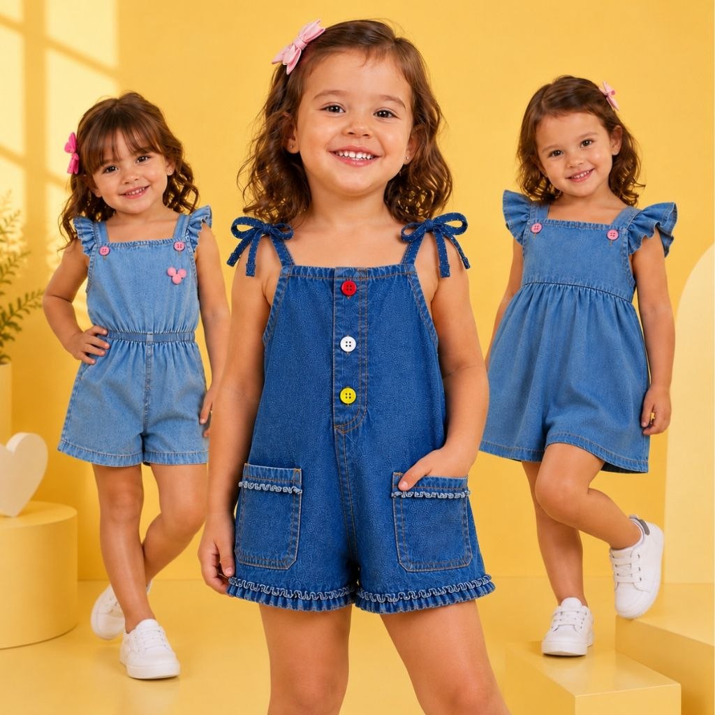 Macacão Macaquinho Jardineira Jeans Infantil Feminino 2 a 4 Anos Confortável e Estiloso