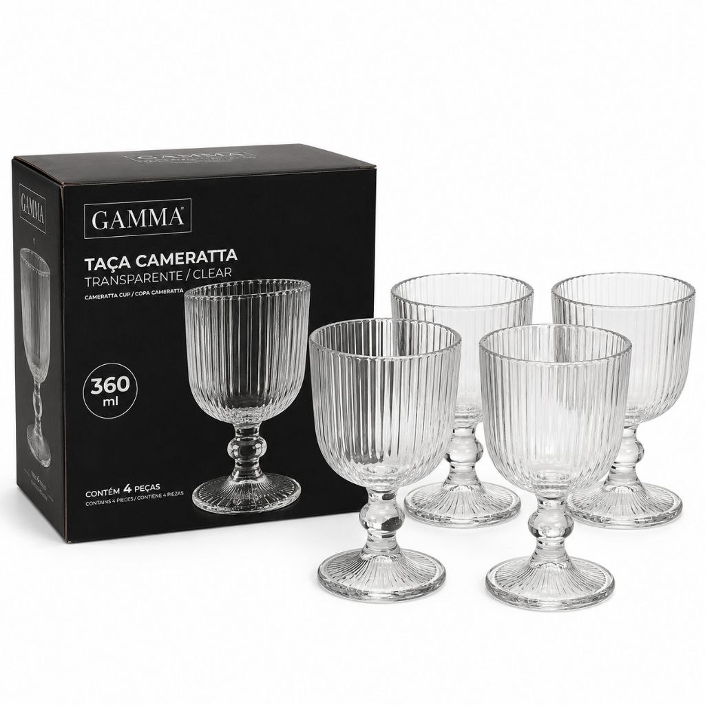 Jogo 4 Taças Cameratta 360ml Vidro Transparente Canelado Água Suco Drink Mesa Posta Gamma Luxo