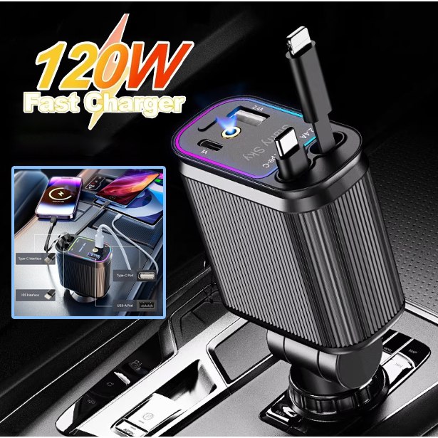 Carregador de Carro Retrátil 4 em 1 120W Super Turbo