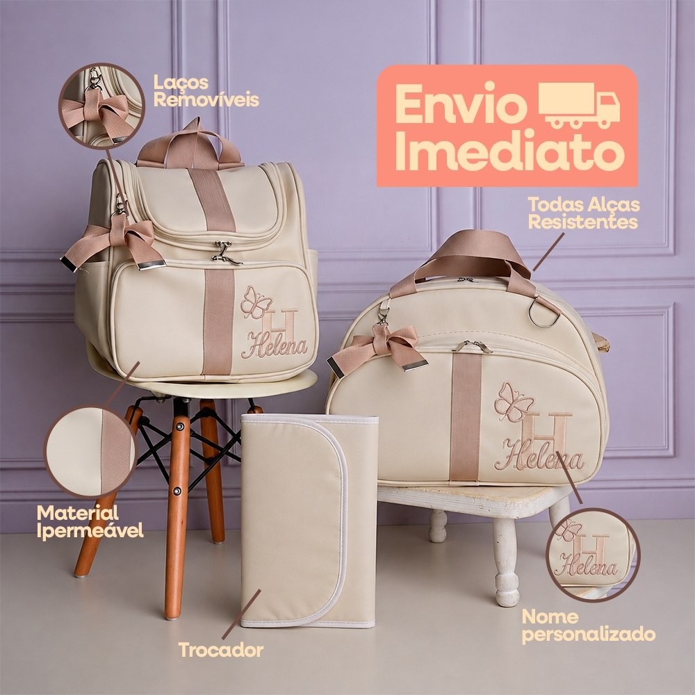 Kit Bolsa Maternidade 3 Peças Personalizada Menina Menino Bordada Mochila Mala Trocador Impermeável Luxo Bebê Gestante