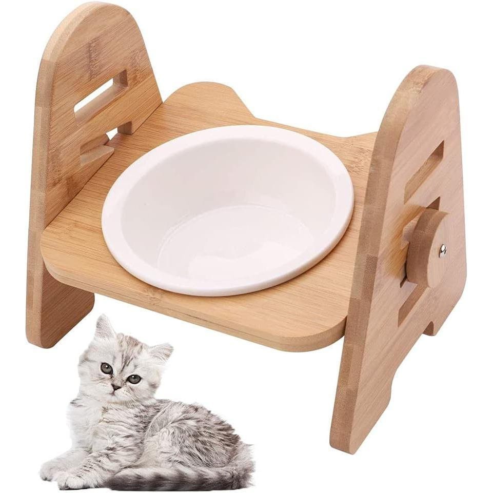 Tigela de cerâmica com suporte de bambu, tigela elevada para cães e gatos, tigela para comida de cães e gatos, an