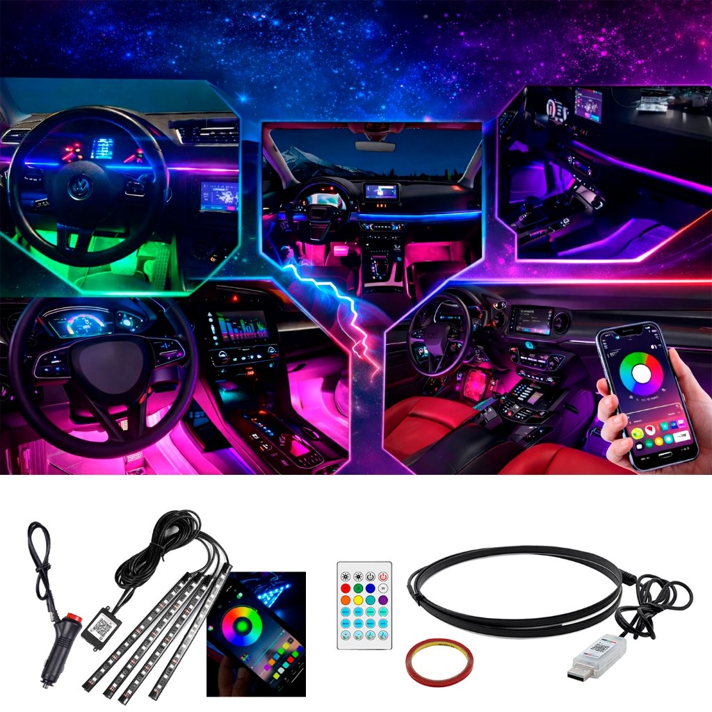 Fita LED Carro RGB Neon 2x1 usb efeito musical +kit atmosfera 4 Barras Luz led cortesia assoalho Ambiente Som Tuning Top