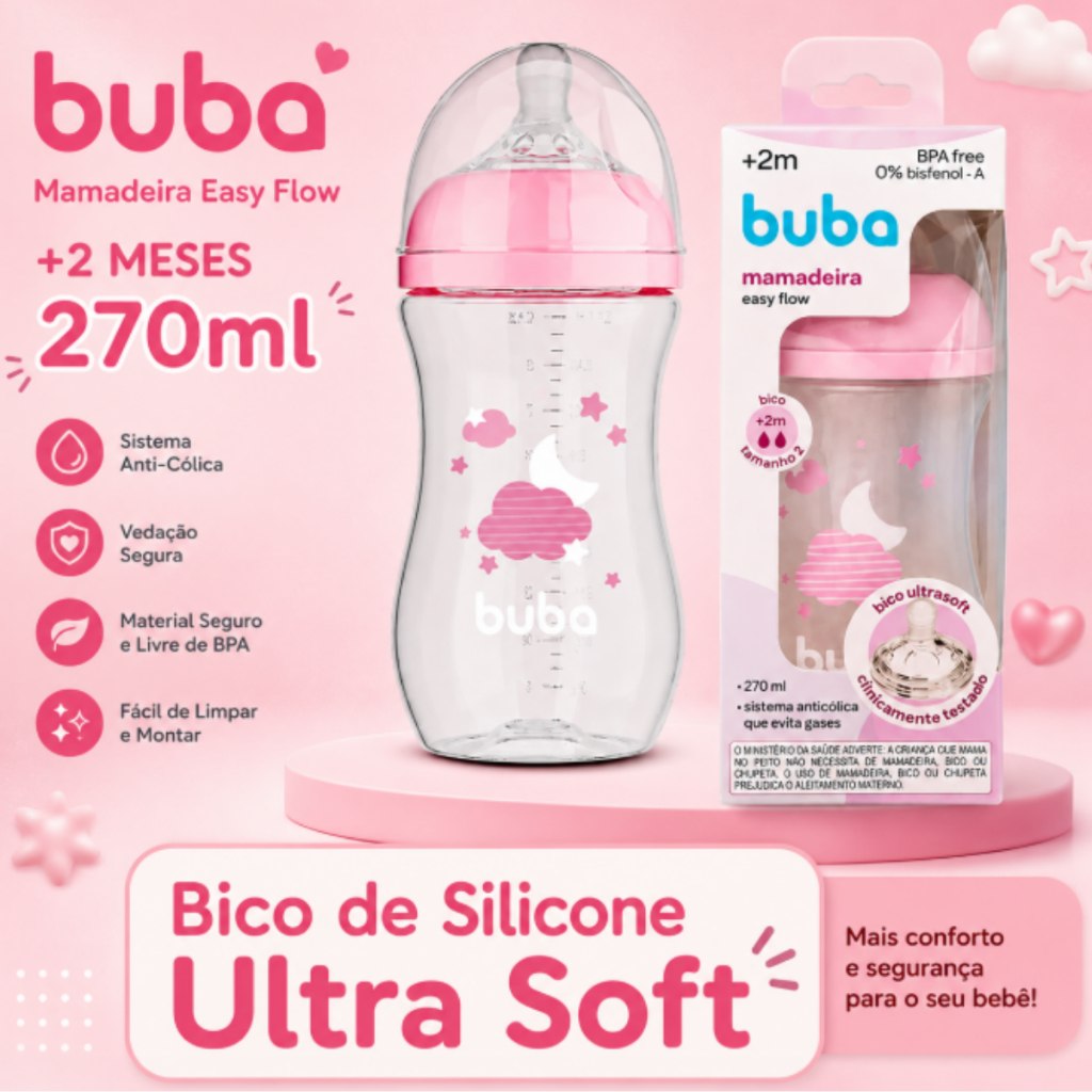Mamadeira Buba 270ml Mamadeira anticolica e antivazamento buba Bico mamadeira buba Macio Easy Flow