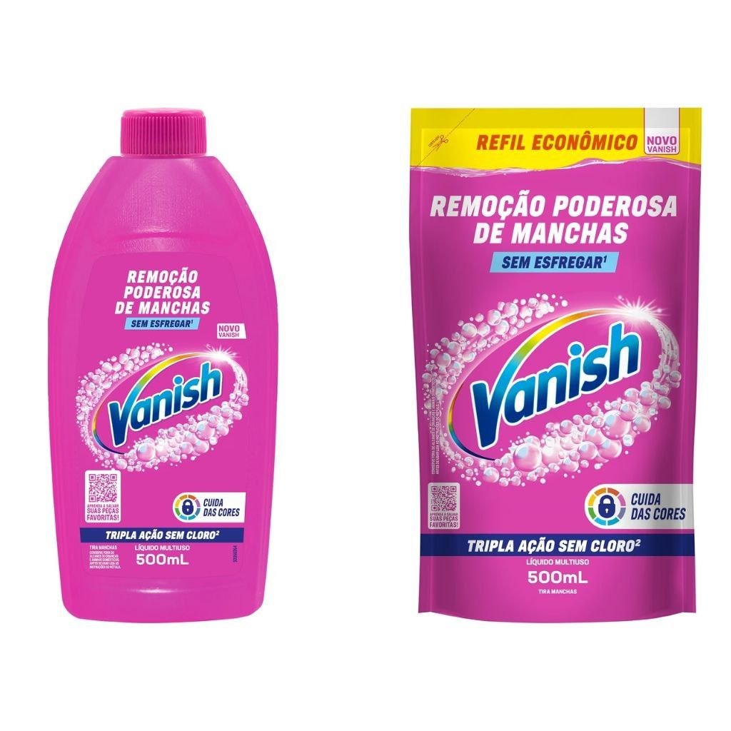 Kit Vanish Multiuso Tira Manchas Líquido para Roupas Coloridas 500ml + Refil 500ml