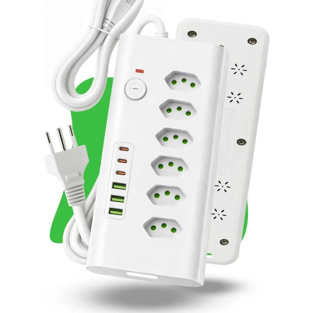 Régua Extensão Elétrica 6 Tomadas 3 Usb 3 Usb-c 10a 20a 2m Filtro De Linha Branco