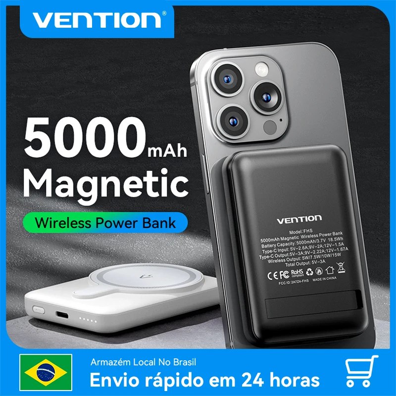 Vention BR Power Bank Magnético 5000mAh — MagSafe, 15W Sem Fio e PD 20W