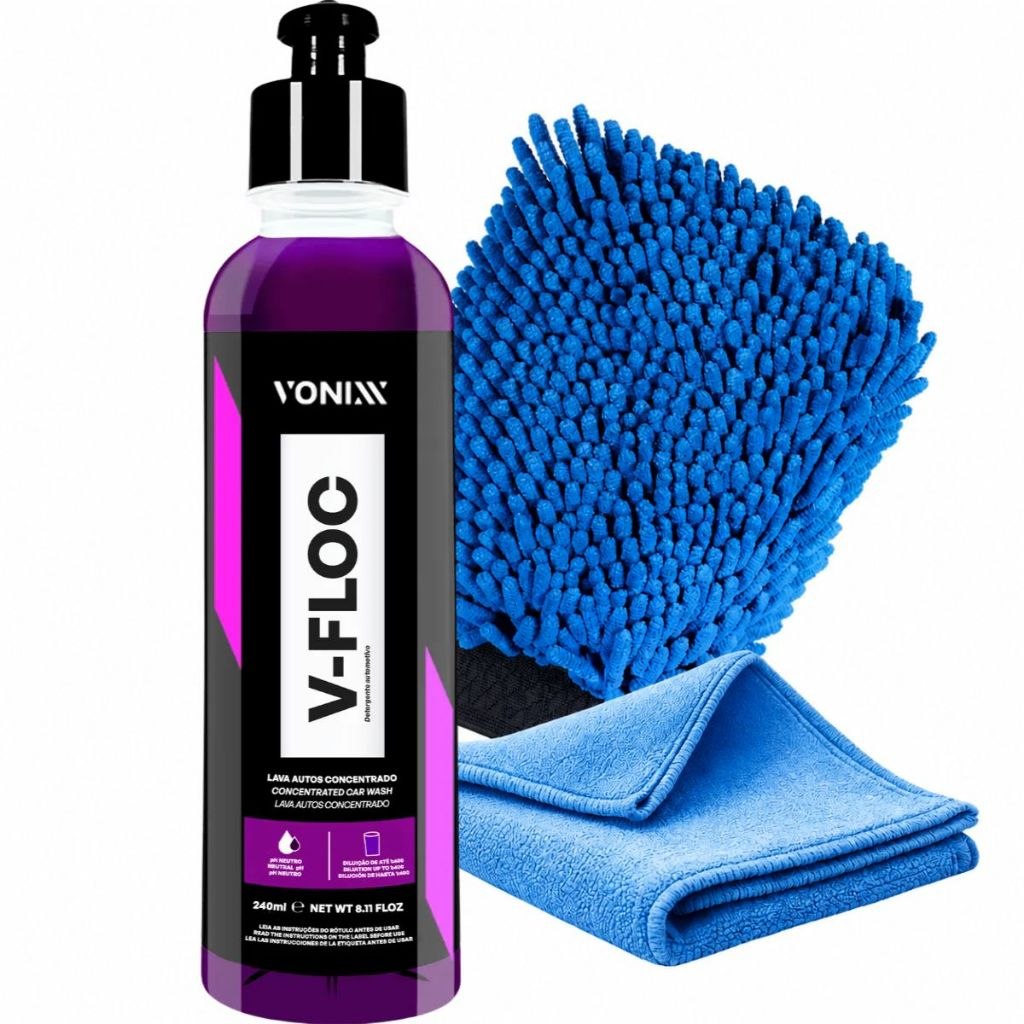 Kit Shampoo Automotivo V-Floc 240ml Vonixx Luva e Pano Microfibra