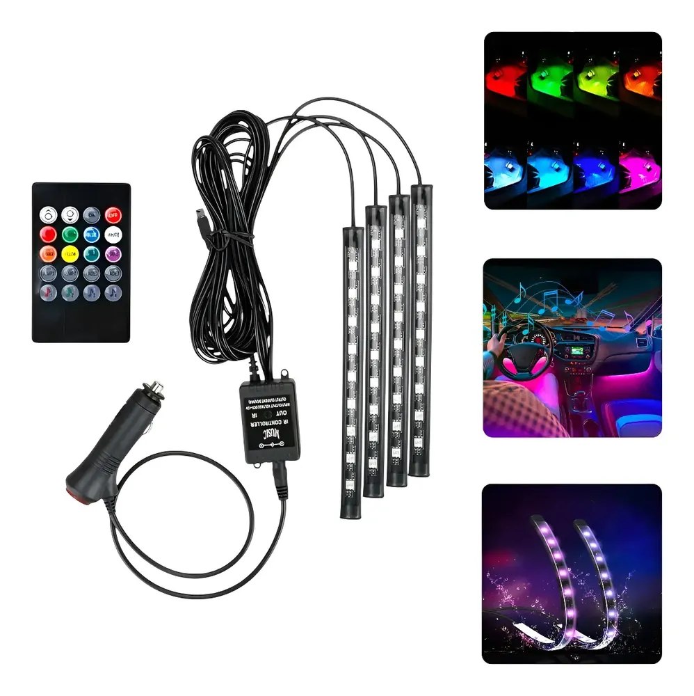 SUPER KIT Iluminação Interior Carro 9 LEDs RGB com Controle 12V